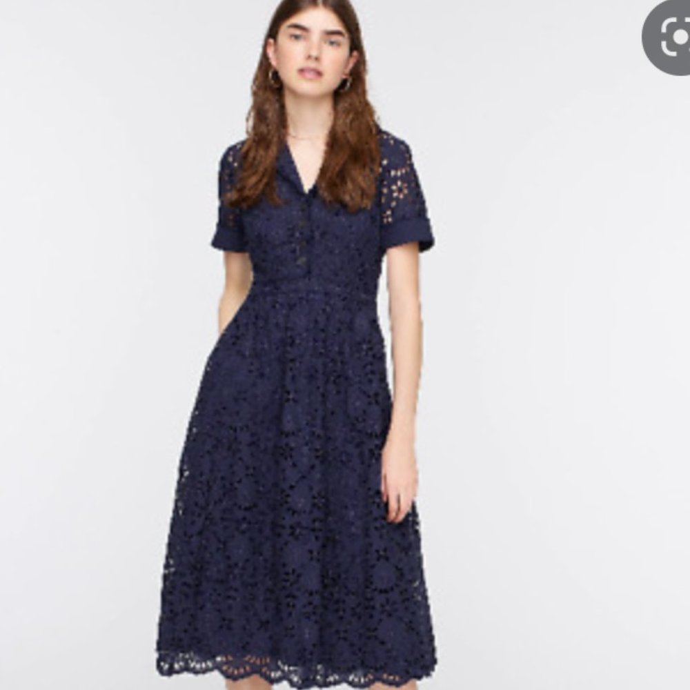 Navy, short-sleeve A-line dress in embroidered eyelet